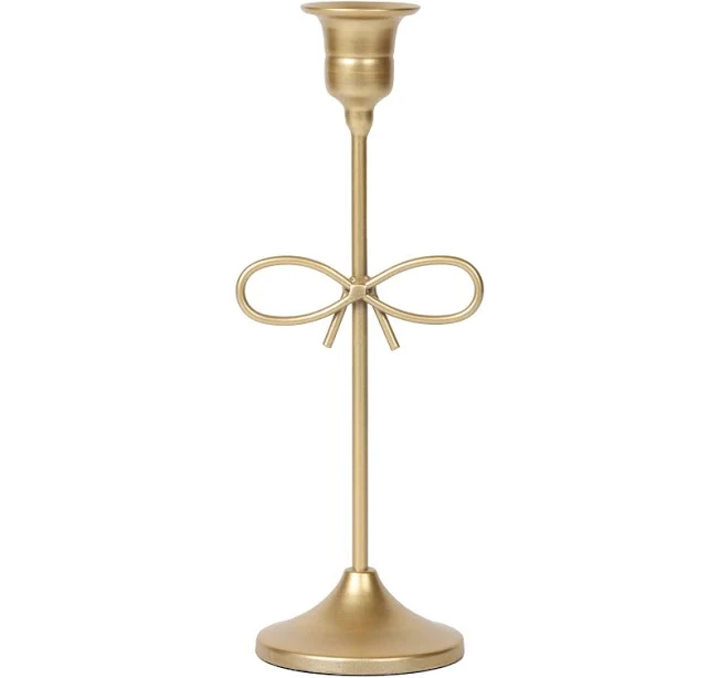 Home Decor Collection Gold Metal Taper Tabletop Indoor Candle Holder with Bow Accent
