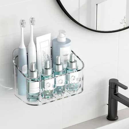 TZAMLI Wall Mounted Shower Organizer, Acrylic Cabinet Door Organizer, Clear Shower Caddy Storage Basket, Self-Adhesive Shelf for Bathroom Kitchen