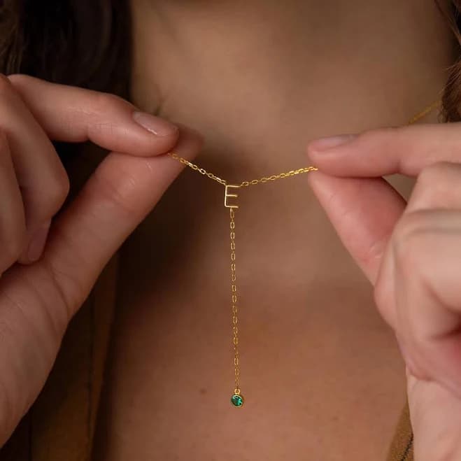 Caitlyn Minimalist Custom Initial Birthstone Lariat Necklace