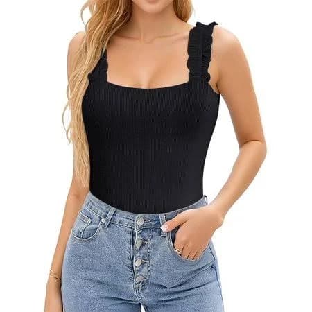 Women's Ribbed Ruffle Strap Tank Tops