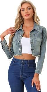 Allegra K Women's Jean Jacket Frayed Button Up Washed Cropped Denim Jacket X-Small Burgundy : Amazon.sg: Fashion