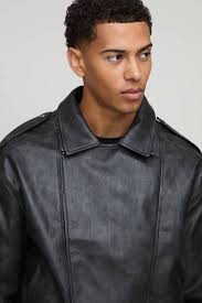 Black boohooMAN Oversized Double Collared Biker Jacket | Boohoo