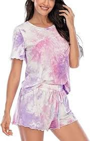 Snoly Women's Tie-Dye Cotton Pajama Lounge Set Two Piece Sleepwear Short-Sleeved Shorts Pjs，With Wavy Hem (Pink, Small) at Amazon Women's Clothing store