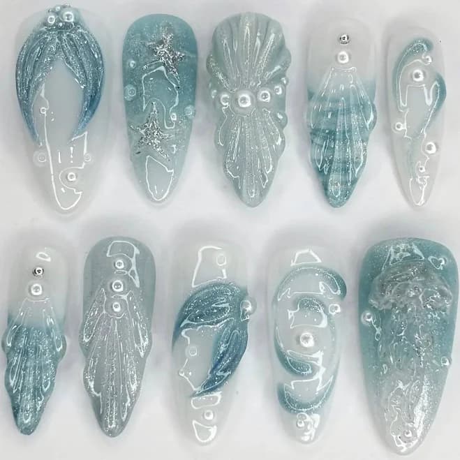 Handmade Glittery Blue Seafoam 3D Starfish Shell Ocean Press On Nails