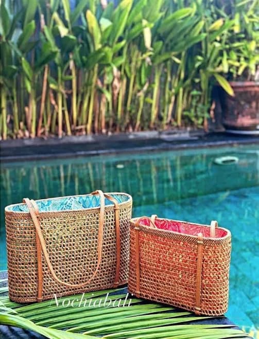 Wicker Rattan Tote with Leather Strap