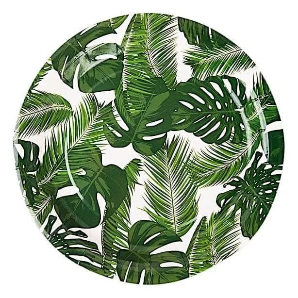 Balsa Circle 25 White 7" Round Disposable Paper Salad Party Plates Tropical Leaves Design
