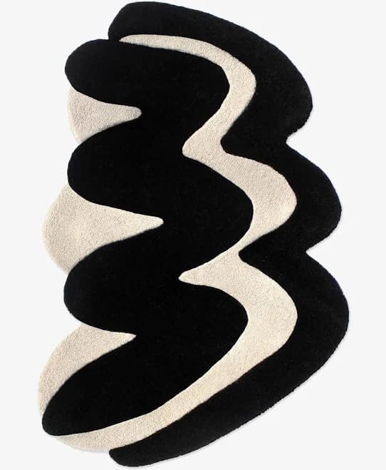 Wavy Zig Zag Wool Rug Irregular Shaped Black and White Area Rug 2′ x 3′