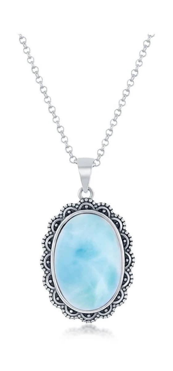 Sterling Silver Oval Larimar Filigree Necklace
