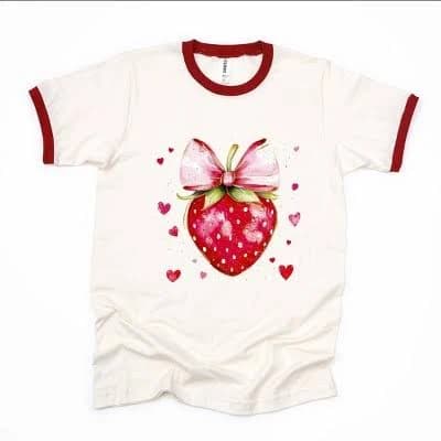 Coquette Strawberry Hearts Ringer Graphic T-Shirt