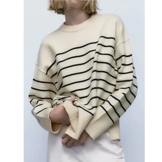 Zara Sweaters | Zara Striped Sweater Chunky Rib-Knit Pullover Cream/Black Size L | Color: Black/Cream | Size: L | Katerus1's Closet