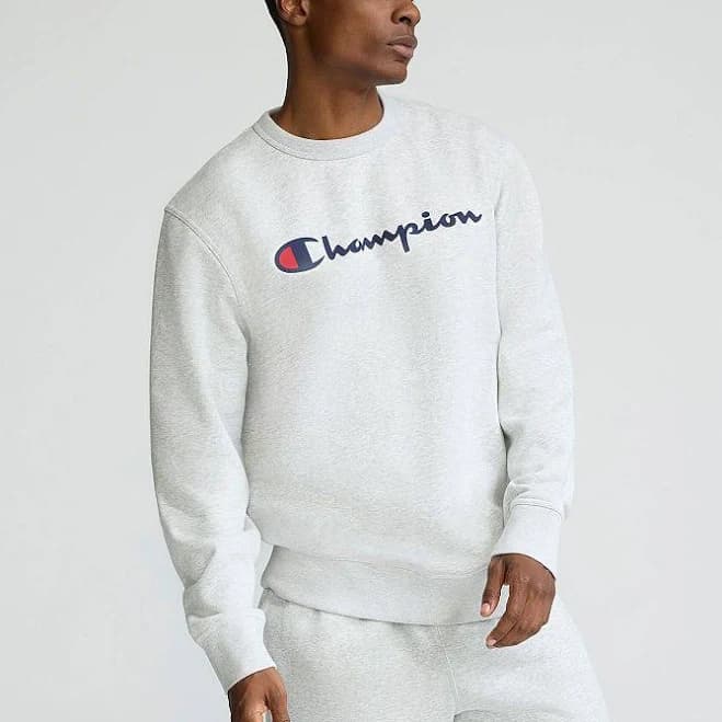 Men's Champion Midweight Crewneck Sweatshirt with Classic Script Logo, Size: Medium, Oxford Grey