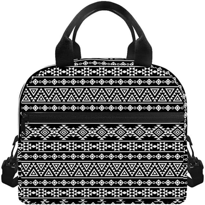 Black and White Aztec Geometric Print Insulated Lunch Bag