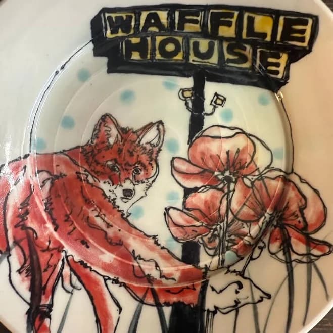 Pottery Plate Waffle House Red Fox and Floral Illustrated