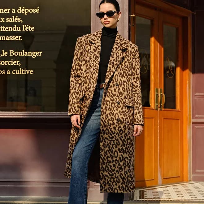 Wool Coat with Leopard Pockets