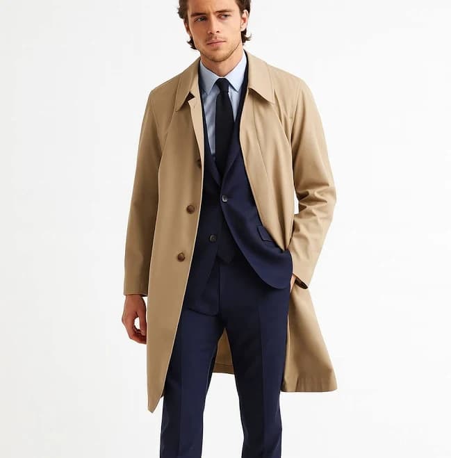 Men's Classic Long Trench Coat with Button Front
