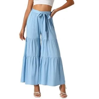 INSPIRE CHIC Women's Boho Elastic High Waist Tie Belt Ruffle Hem Wide Leg Palazzo Pants