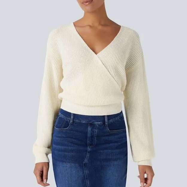 Halara V Neck Dropped Shoulder Long Sleeve Wrapped Sweater