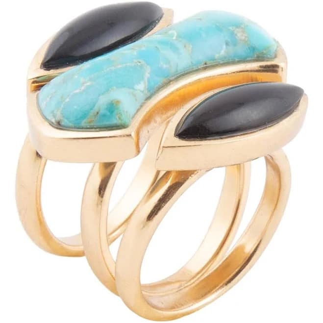 Barse Women's Genuine Turquoise and Onyx Puzzle Ring Set