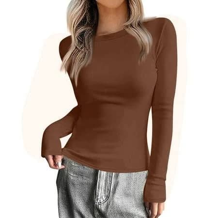 WonderWiz Women Crewneck Slim Fitted Long Sleeve T Shirts Cute Stretchy Bodycon Basic Tee Tops Brown XL, Women's