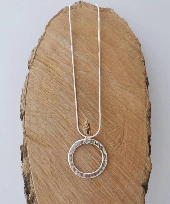 Hammered Silver Circle Pendant Necklace with Snake Chain