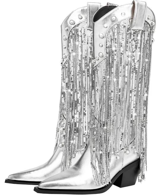 Berylove Women's Pointed Toe Fringe Cowgirl Boots