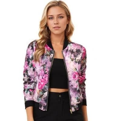Inspire Chic Women's Floral Prints Stand Collar Zip Up Jacket