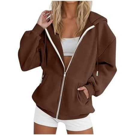 jskumar Full Zip Up Hoodies For Women Solid Color Casual Loose Long Sleeve With Pocket Fashion Hooded Sweatshirts Jackets