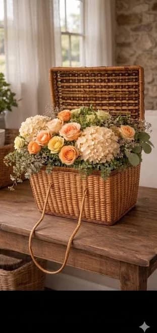Vintage Woven Wicker Picnic Basket with Hinged Lid & Handles - Rustic Farmhouse Storage