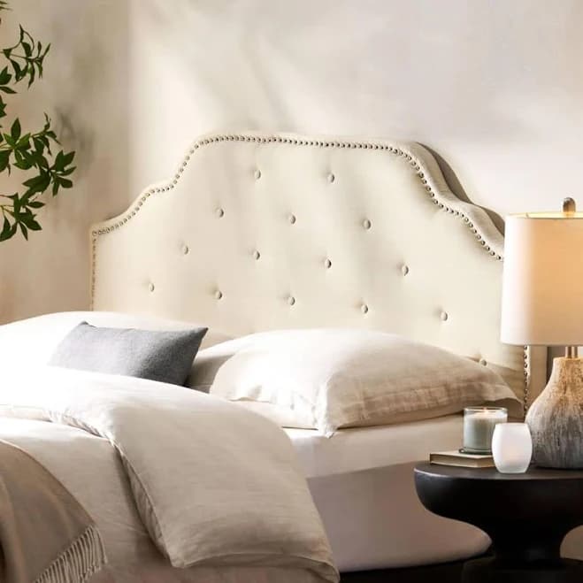 Queen Size Solid Wood Tufted Upholstered Adjustable Height Headboard with Nailhead Trims