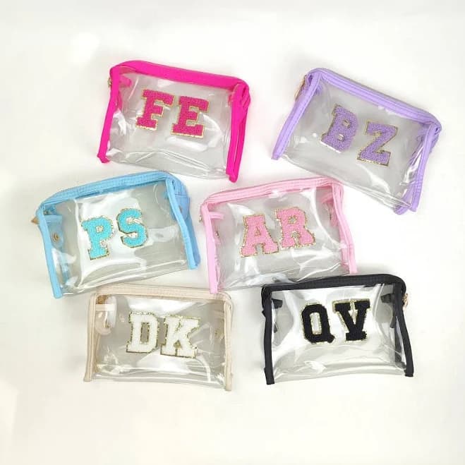 Clear Makeup Bag Personalized Toiletry Bag Cosmetic Bag Nylon Zipper Travel Pouch Custom Initial Chenille Patches Letters Bridesmaid Gift