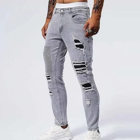 Men's Skinny Fit Ripped Striped Jeans