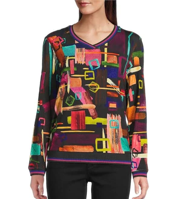 ali miles V Neck Popover Print Top Womens