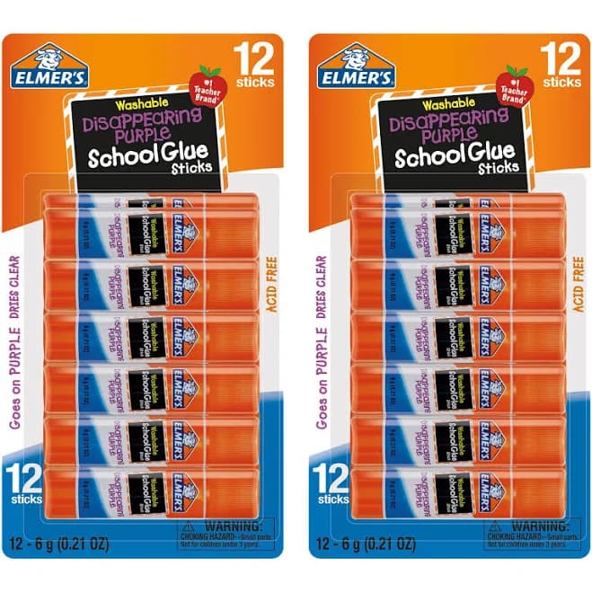 (2 pack) Elmer's Disappearing Purple Washable School Glue Sticks, 6 Gram, 12 Count, Size: 12-Pack