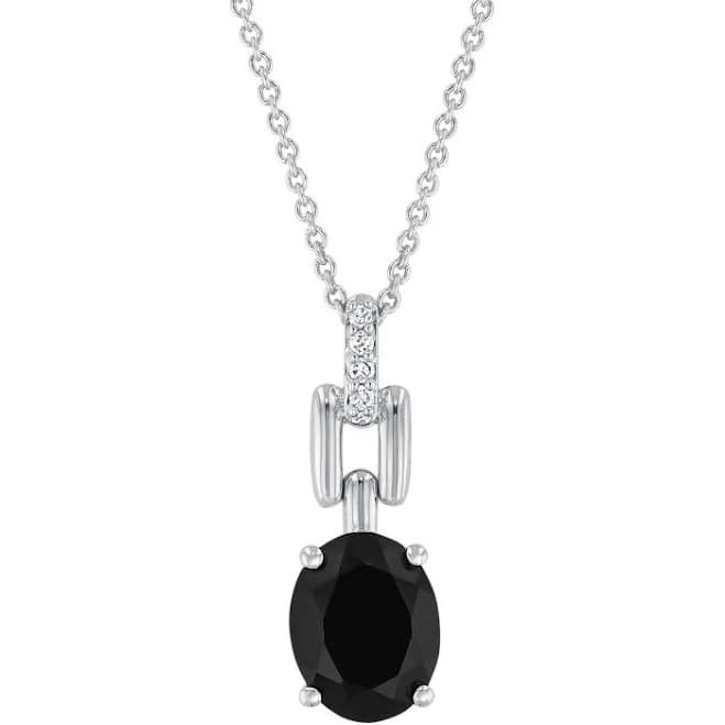 Sterling Silver Oval Black Onyx and Diamond Link Pendant Necklace