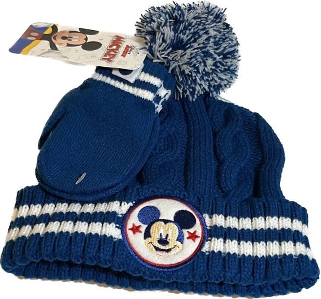 Mickey Mouse Disney Junior Beanie Mittens Set Boys Blue White Stripe