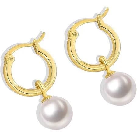 14k Gold/White Gold Plated Pearl Hoop Earrings, Minimalist Dangle Earrings for Women, Retro French Style Elegant Jewelry for Wedding, Party, or Daily