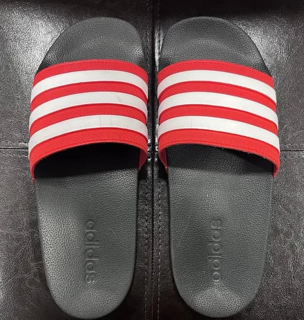 Adidas Unisex Adilette Slides, Size 5 Black With Red And White Stripe