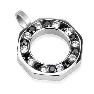 Wheel of Fortune Cubic Zirconia Studded Stainless Steel Eternity Circle Pendant