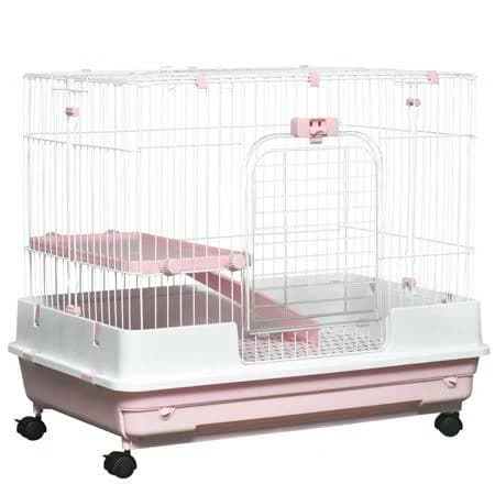 Pink 2-Level Small Animal Cage with Wheels, Rabbit Hutch for Bunny & Chinchillas, 32 inchl x 20.8 inchw x 26 inchh