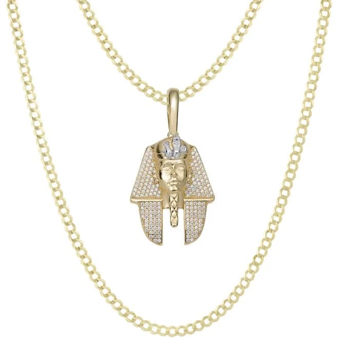 10K Yellow Gold CZ Pharaoh Pendant & Chain Necklace Set