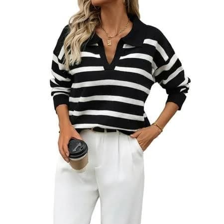Womens Striped Collared Sweater V Neck Long Sleeve Oversize Ribbed Knit Pullover Casual Fall Chunky Sweater