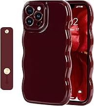 NITITOP Compatible with iPhone 14 Pro Max Case Cute Simple Wave Design Stylish Wavy Curly Frame with Wrist Adjustable Hand Strap Kickstand Grip Holder Soft Silicone Protective Cover - Wine Red