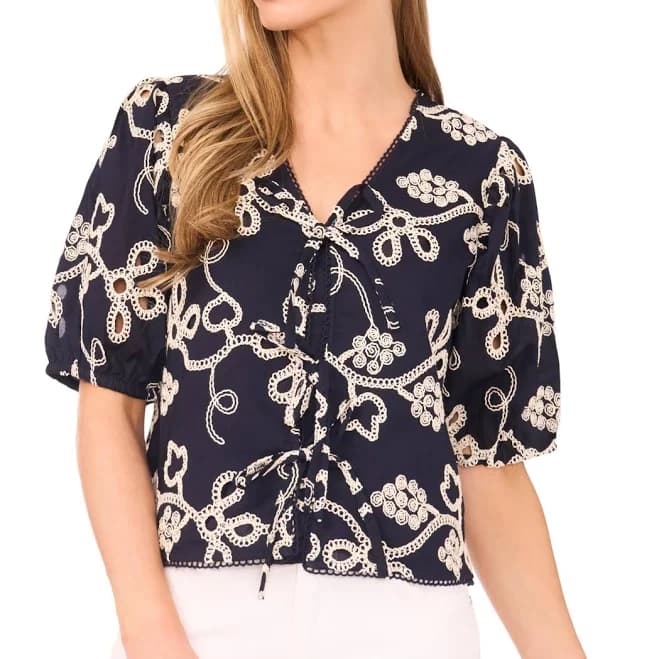 CeCe Women's Embroidered Puff Sleeve Cotton Top