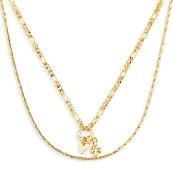 Heart & Cross Gold Charm Layered Necklace