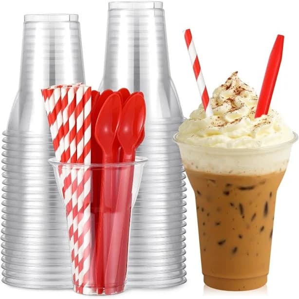 50 Sets Plastic Parfait Cups with Red Plastic Soda Spoons and Paper Straws | Disposable Root Beer Float Cups, Clear Milkshake Mugs for Ice Cream