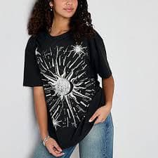 New World Celestial Moons Oversized Tee Womens Crew Neck Short Sleeve Loose Fit Juniors Graphic T-Shirt