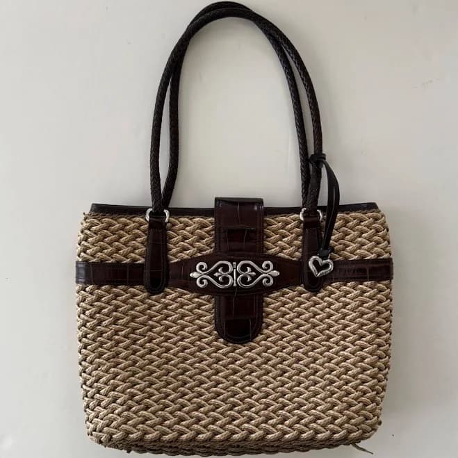 Woven Straw Tote Bag with Faux Leather Accents and Heart Charm