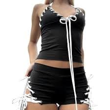 Best Rose Black Two Piece Sets Bow Lace Up Halter Backless Top Bodycon Side Criss Cross Shorts Sexy Streetwear Set (Black Set,Small) at Amazon Men's Clothing store