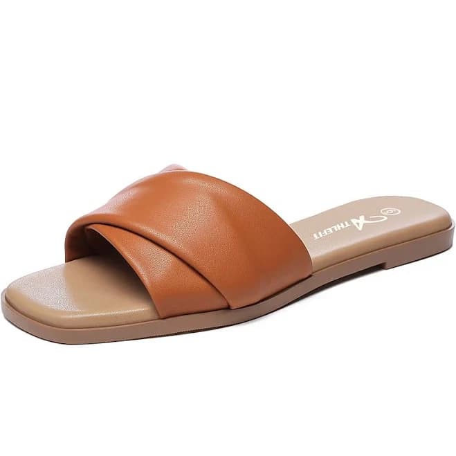Athlefit Women's Square Toe Soft Leather Slide Sandals
