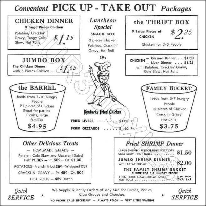 1960's KFC Menu Store Counter Advertising Standup Sign Reprint Kentucky Chicken